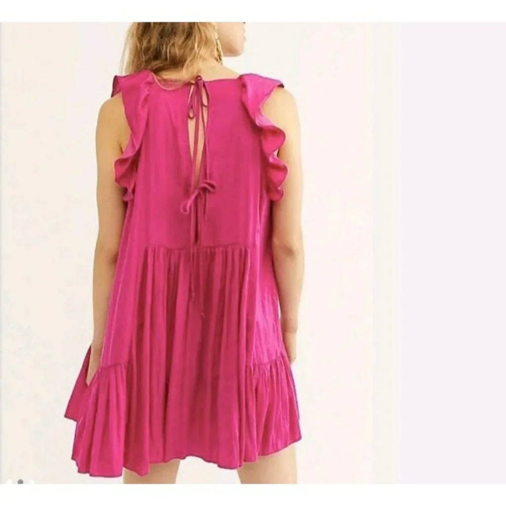 Intimately Free People Dress mini Magenta Sleeveless Smocked Ruffle Hem Size S